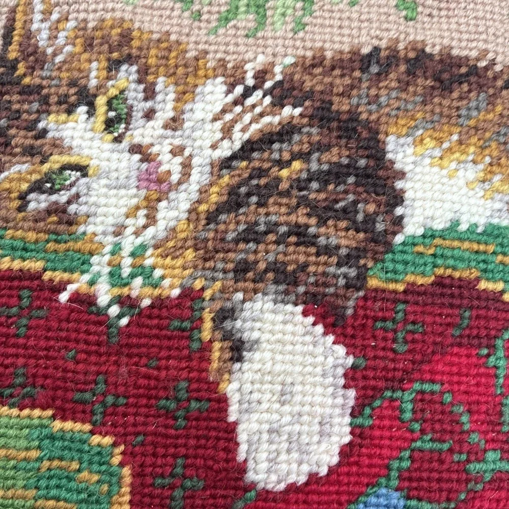Vintage Christmas Cat Needlepoint Pillow Holiday Sleeping Kitty Velvet Back 13